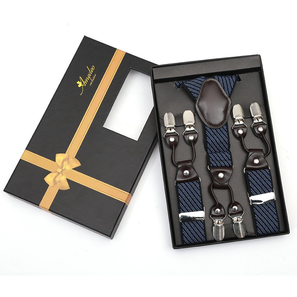 Men's Dual Clip Y Back Adjustable Strap Black Blue Lines High Quality Premium Suspenders - Amedeo Exclusive