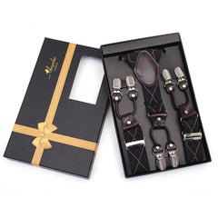 Men's Elastic Y Black Check Strap Dual Clip on High Quality Premium Suspenders - Amedeo Exclusive