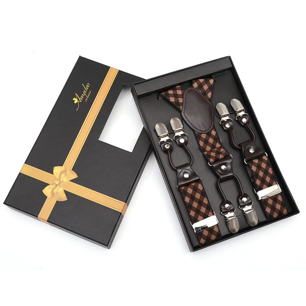 Men's Dual Clip Y Back  Strap Brown Tan Check High Quality Premium Suspenders - Amedeo Exclusive