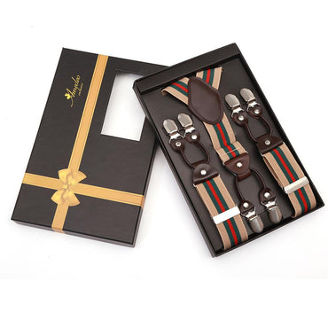 Men's Elastic Y Beige Green Strap Dual Clip on High Quality Premium Suspenders - Amedeo Exclusive