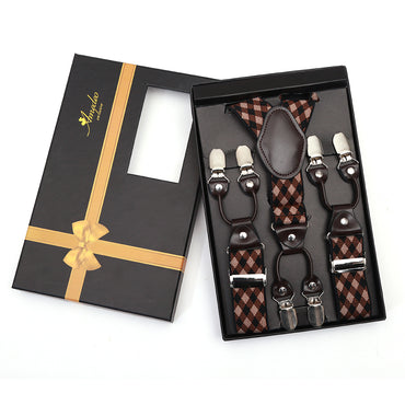 Men's Elastic Y Brown Tan Check Strap Dual Clip on High Quality Premium Suspenders - Amedeo Exclusive
