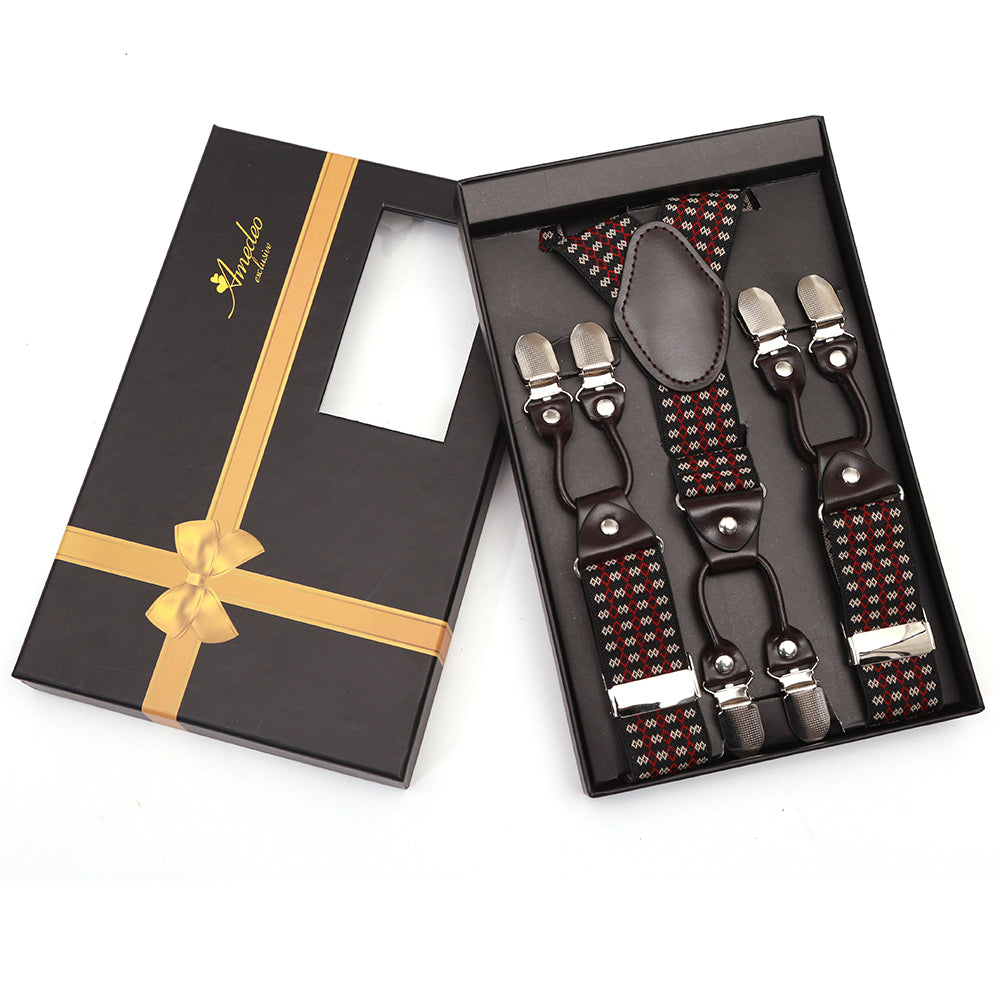 Men's Dual Clip Y Back Adjustable Strap Black Red High Quality Premium Suspenders - Amedeo Exclusive