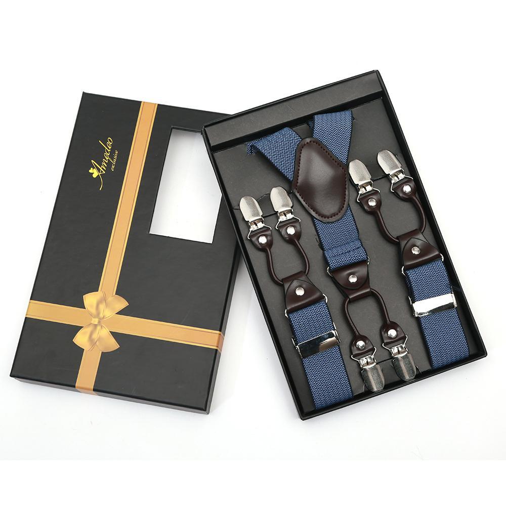 Men's Elastic Y Blue Zigzag Strap Dual Clip on High Quality Premium Suspenders - Amedeo Exclusive