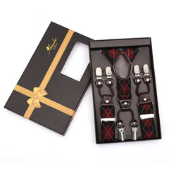 Men's Elastic Y Red Black Check Strap Dual Clip on High Quality Premium Suspenders - Amedeo Exclusive