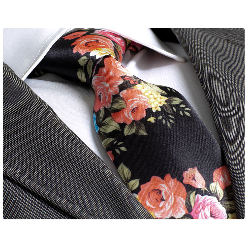 Men's Fashion Jacquard Black With Flowers Neck Tie Box - Amedeo Exclusive