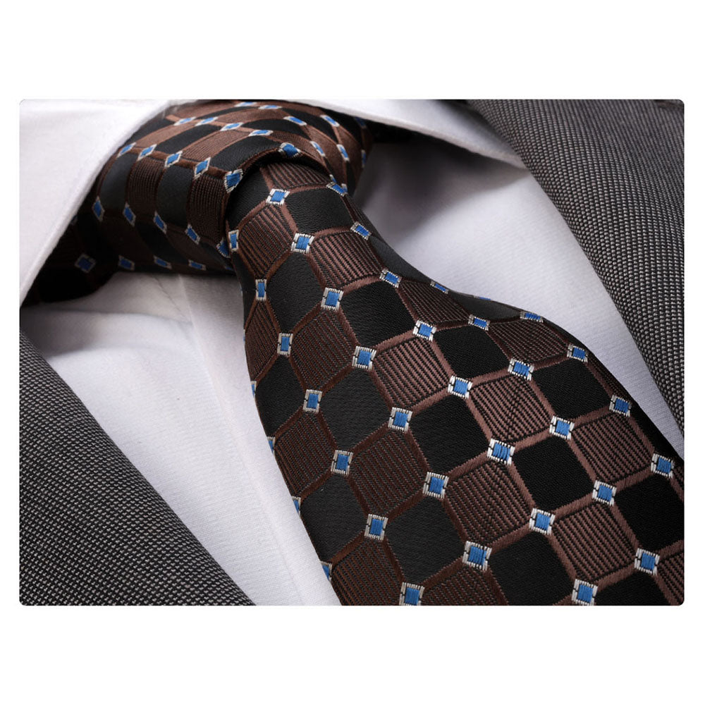 Men's jacquard Black Brown Blue Squares Premium Neck Tie With Gift Box - Amedeo Exclusive