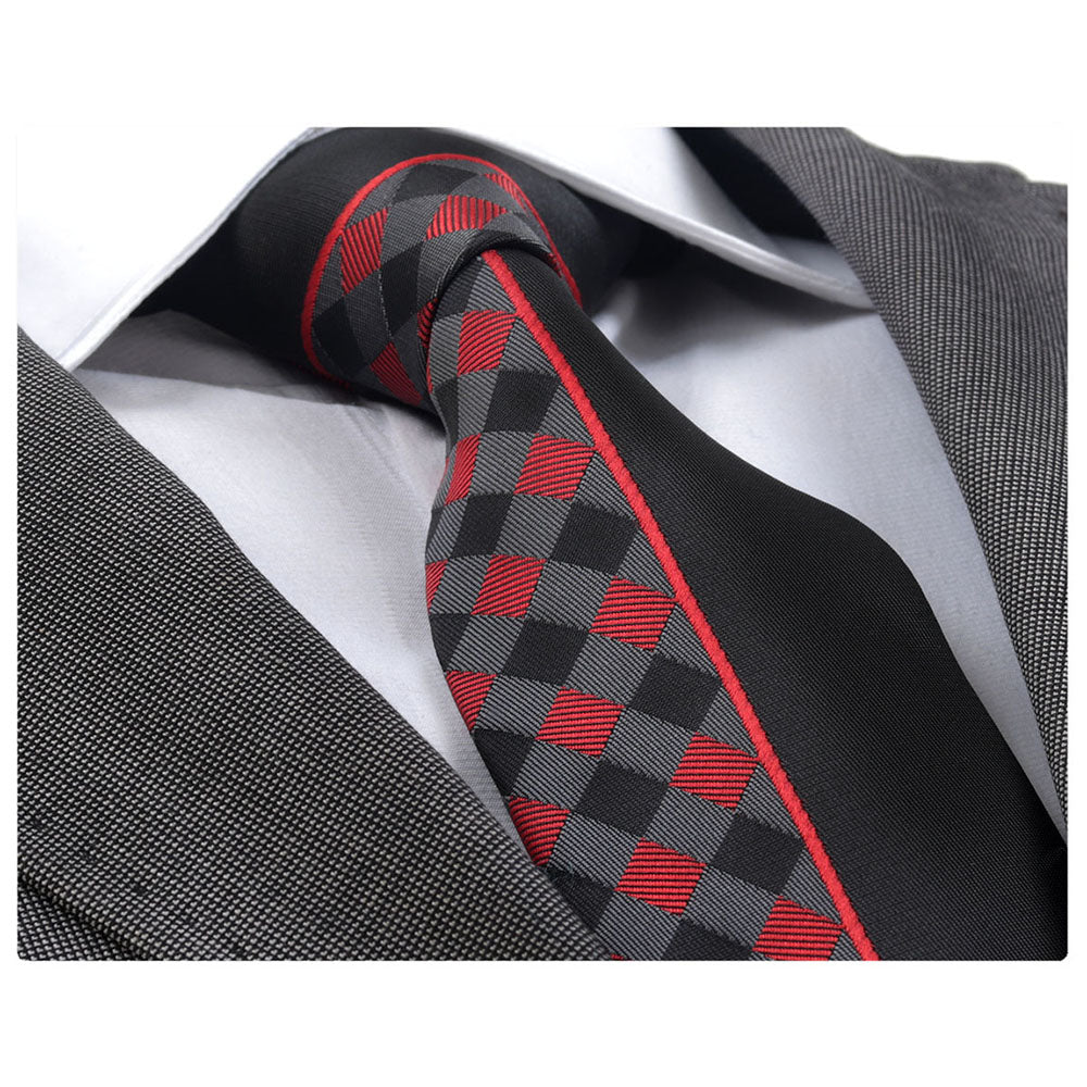 Men's Fashion Red Plaid Half Black Tie Silk Neck Tie Gift Box - Amedeo Exclusive