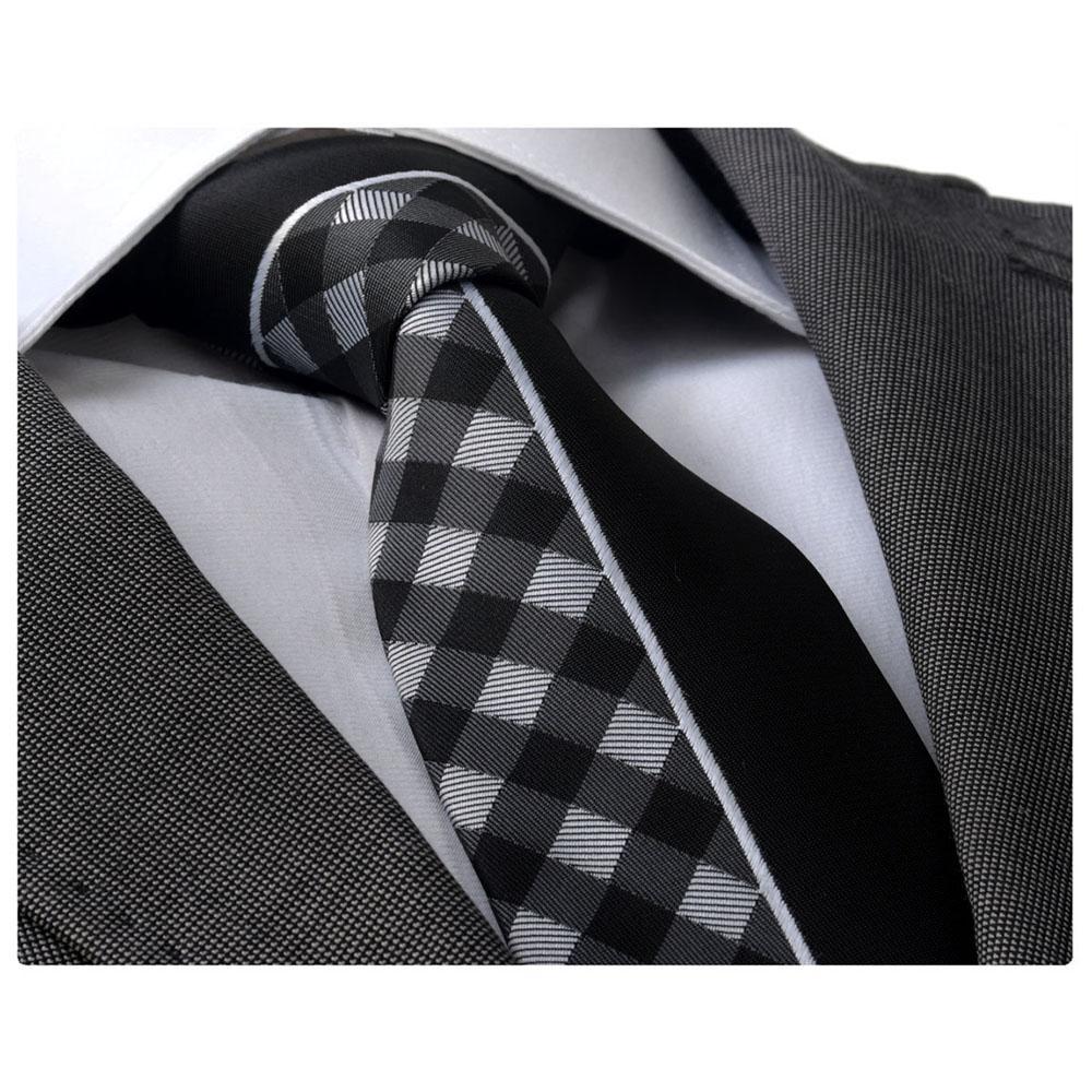 Men's Fashion Gray White Plaid half Black Neck Tie Gift box - Amedeo Exclusive