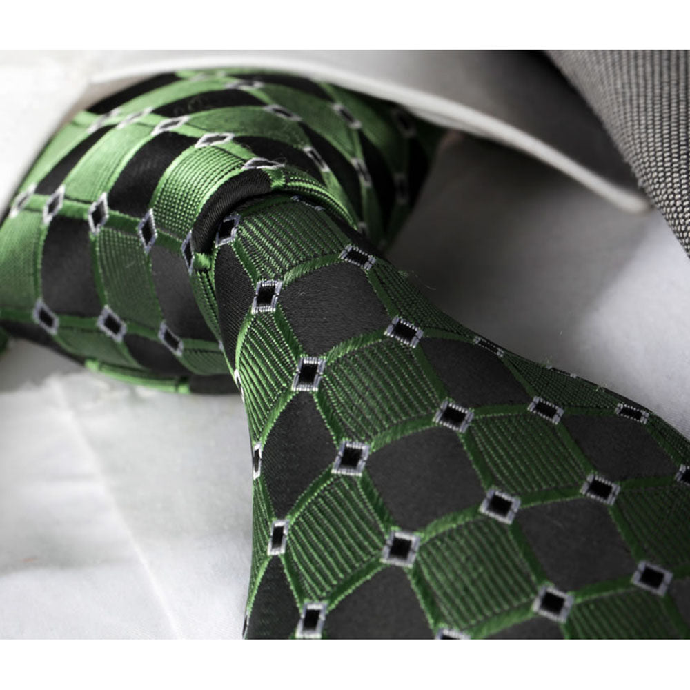 Men's Fashion Green Black Checkers Tie Silk Neck Tie Gift Box - Amedeo Exclusive