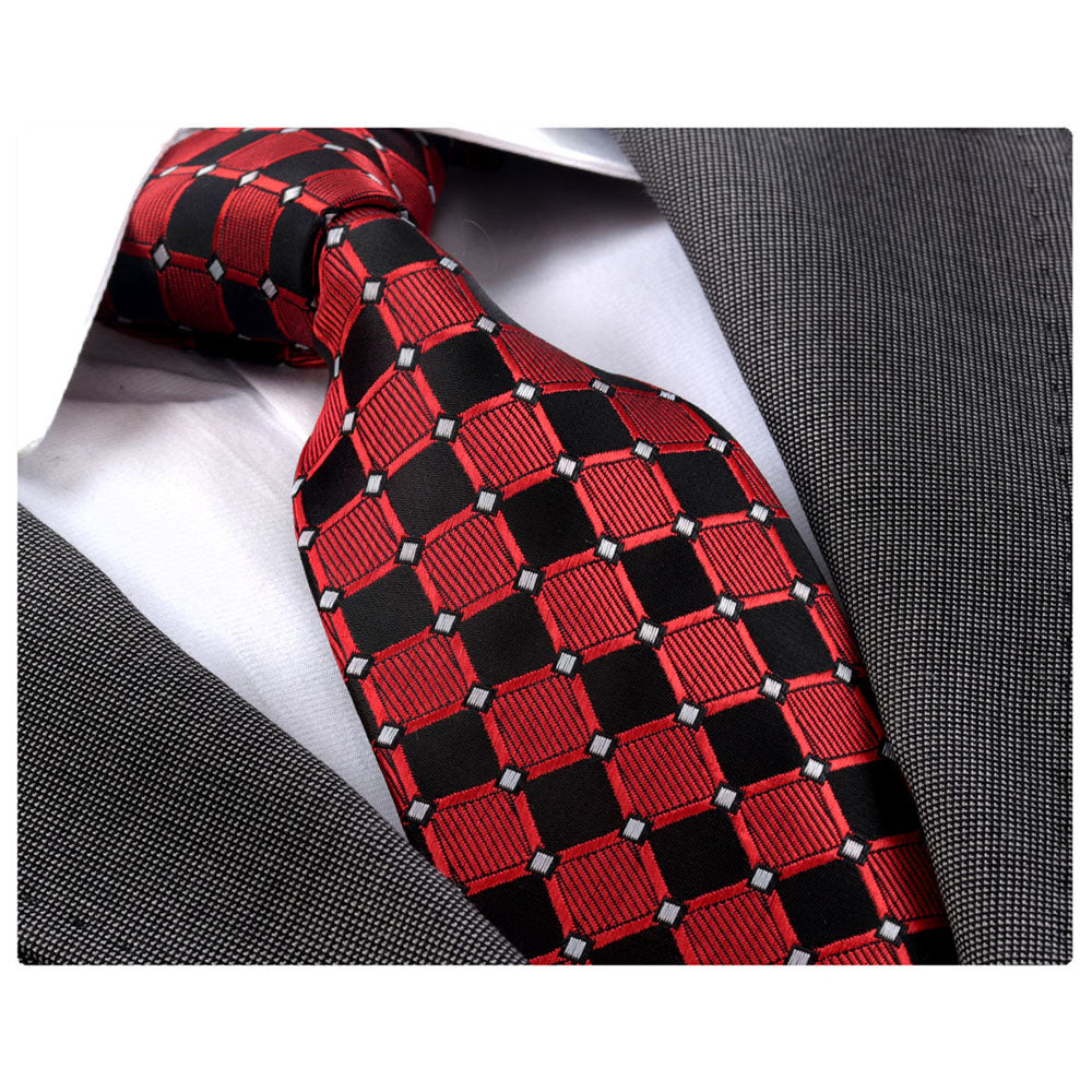 Red Black Squares Mens Designer Silk Necktie with Gift Box - Premium Quality made in Europe - Amedeo Exclusive