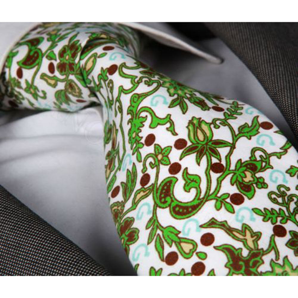 Men's jacquard White With Green & Brown Flowers Premium Neck Tie With Gift Box - Amedeo Exclusive
