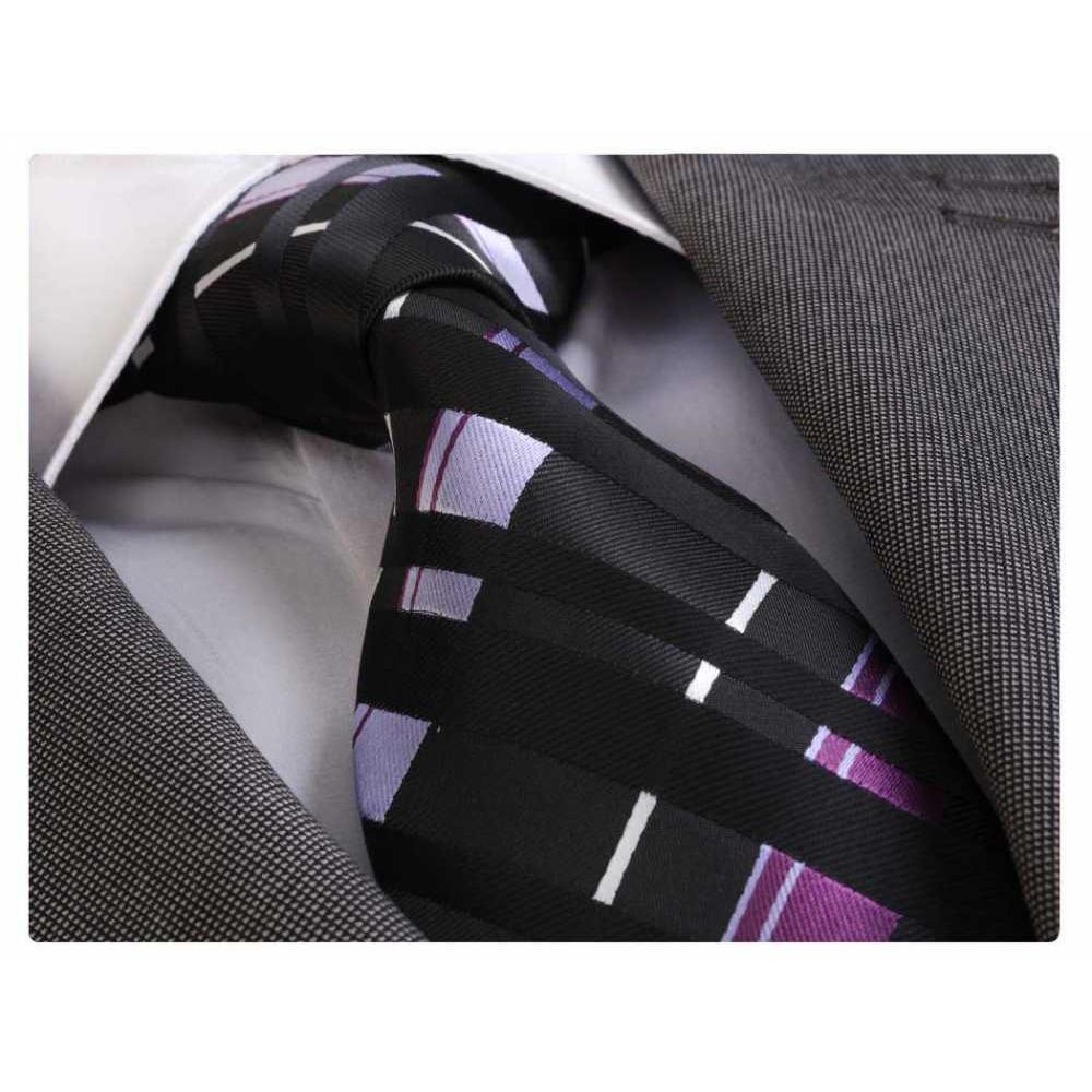 Men's Fashion Black Purple White Squares Neck Tie Gift box - Amedeo Exclusive