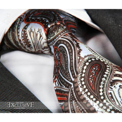 Orange Brown Paisley Mens Designer Silk Necktie with Gift Box - Premium Quality made in Europe - Amedeo Exclusive