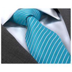 Men's Fashion Turqouise Blue White Lines Neck Tie Gift box - Amedeo Exclusive