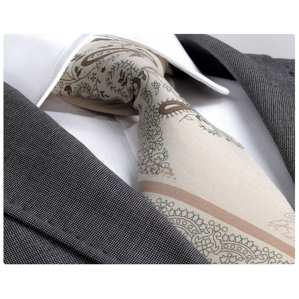 Men's jacquard Cream Paisley Premium Neck Tie With Gift Box - Amedeo Exclusive