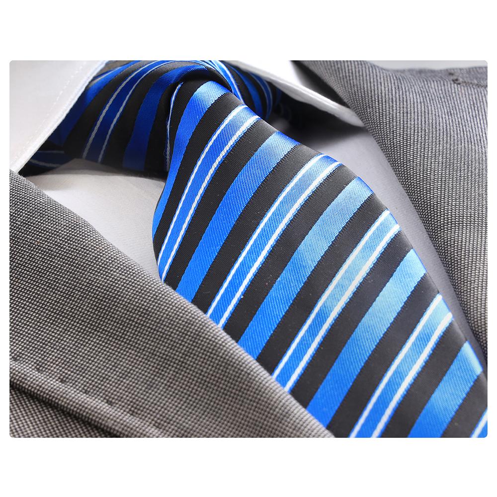 Men's jacquard Metallic Blue and Black Lines Premium Neck Tie With Gift Box - Amedeo Exclusive