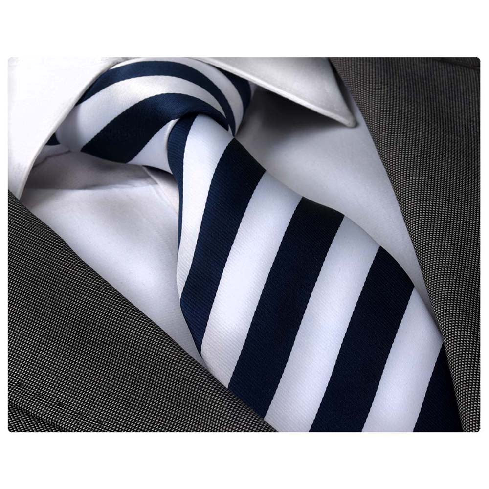 Navy Blue White Stripes Mens Designer Silk Necktie with Gift Box - Premium Quality made in Europe - Amedeo Exclusive