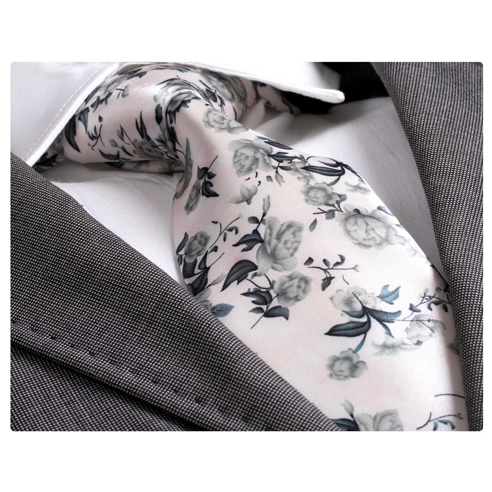 Amedeo Exclusive Men's Fashion White Grey Floral Silk Neck Tie With Gift Box - Amedeo Exclusive