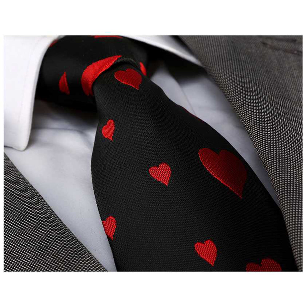 Men's jacquard Solid black with red hearts Premium Neck Tie With Gift Box - Amedeo Exclusive