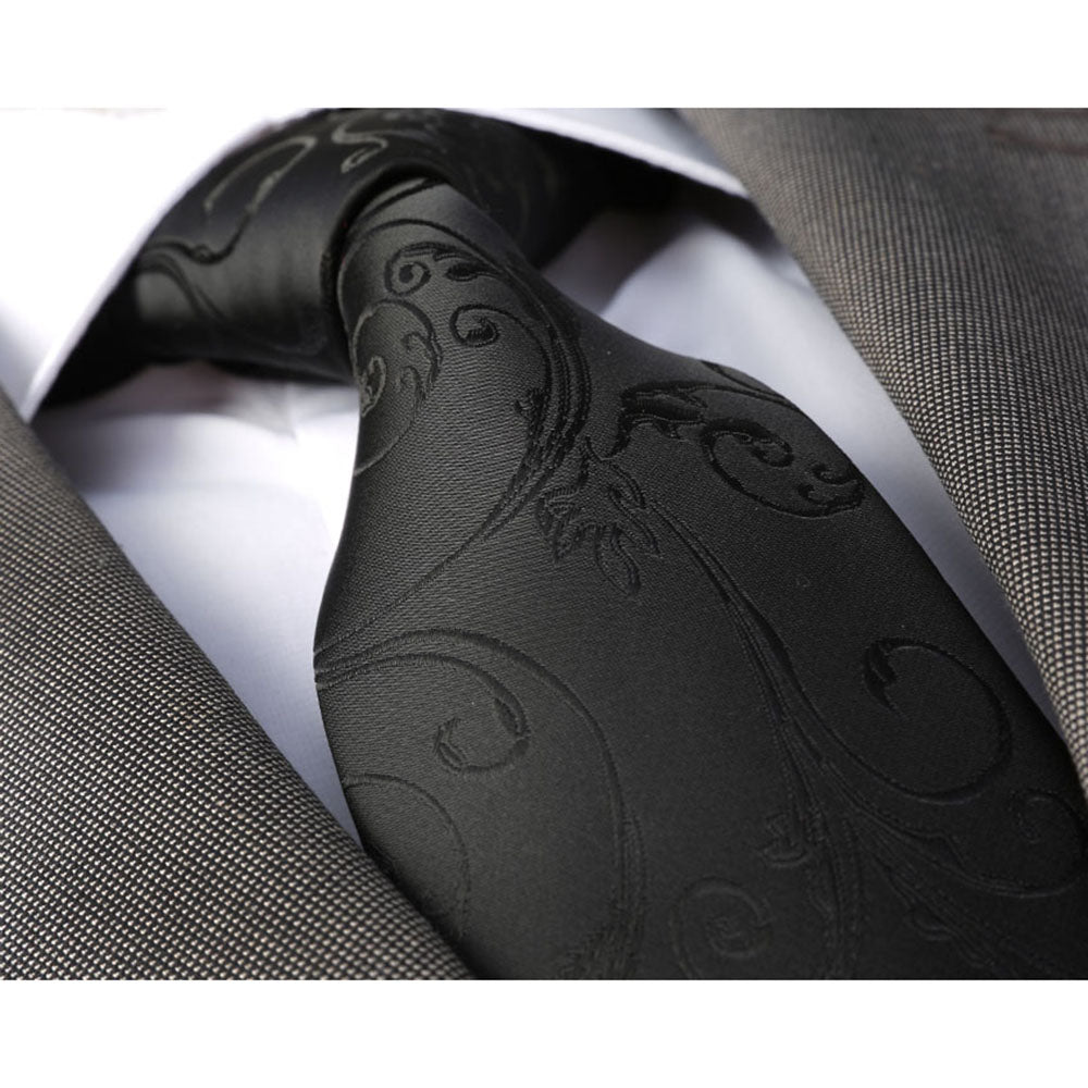 Solid Black Paisley Mens Designer Silk Necktie with Gift Box - Premium Quality made in Europe - Amedeo Exclusive