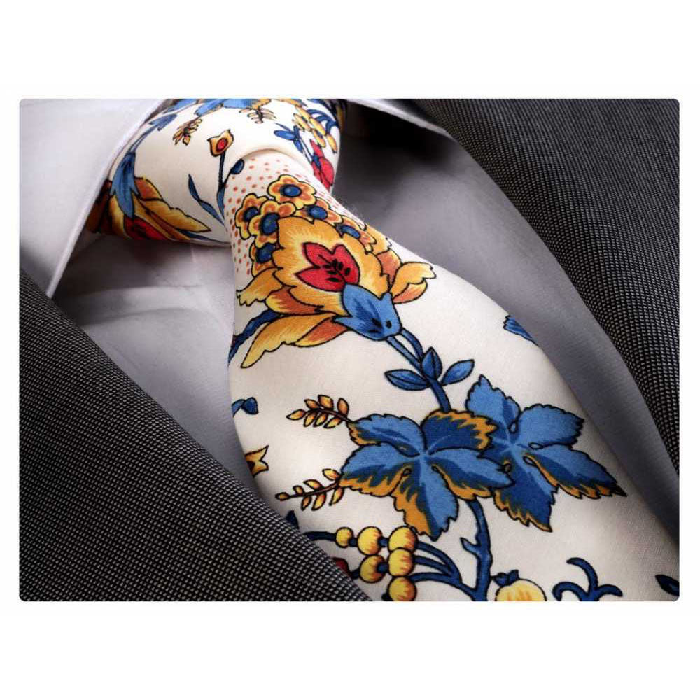 Men's Fashion White Multicolor Flowered Neck Tie Gift Box - Amedeo Exclusive