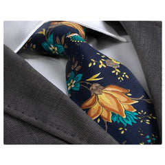 Navy Blue With Flowers Mens Designer Silk Necktie with Gift Box - Premium Quality made in Europe - Amedeo Exclusive