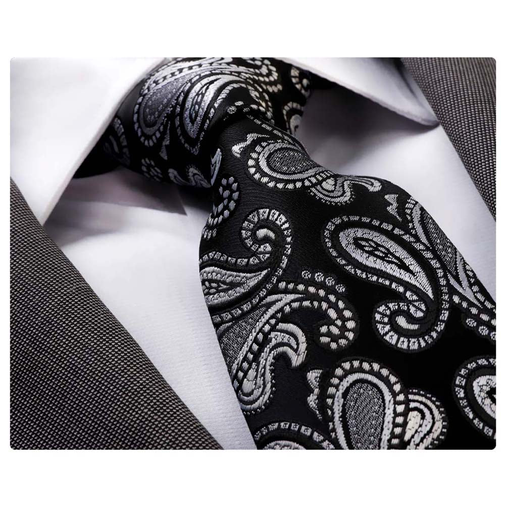 Men's jacquard Black Silver Paisley Premium Neck Tie With Gift Box - Amedeo Exclusive