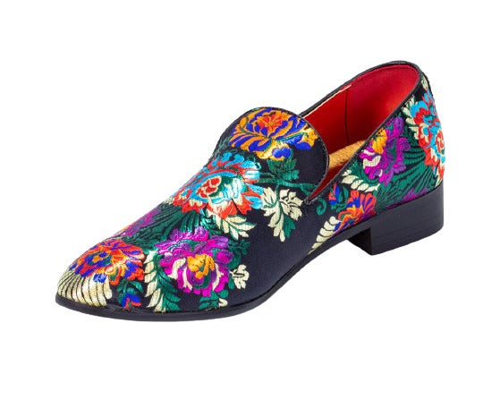 Premium Black Multicolor Floral Loafers for men designer slip on casual / dress shoes – Luxury