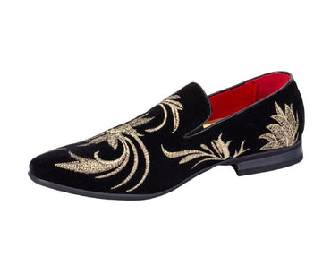 Premium Black And Golden Flowers Loafers for men designer slip on casual / dress shoes – Luxury