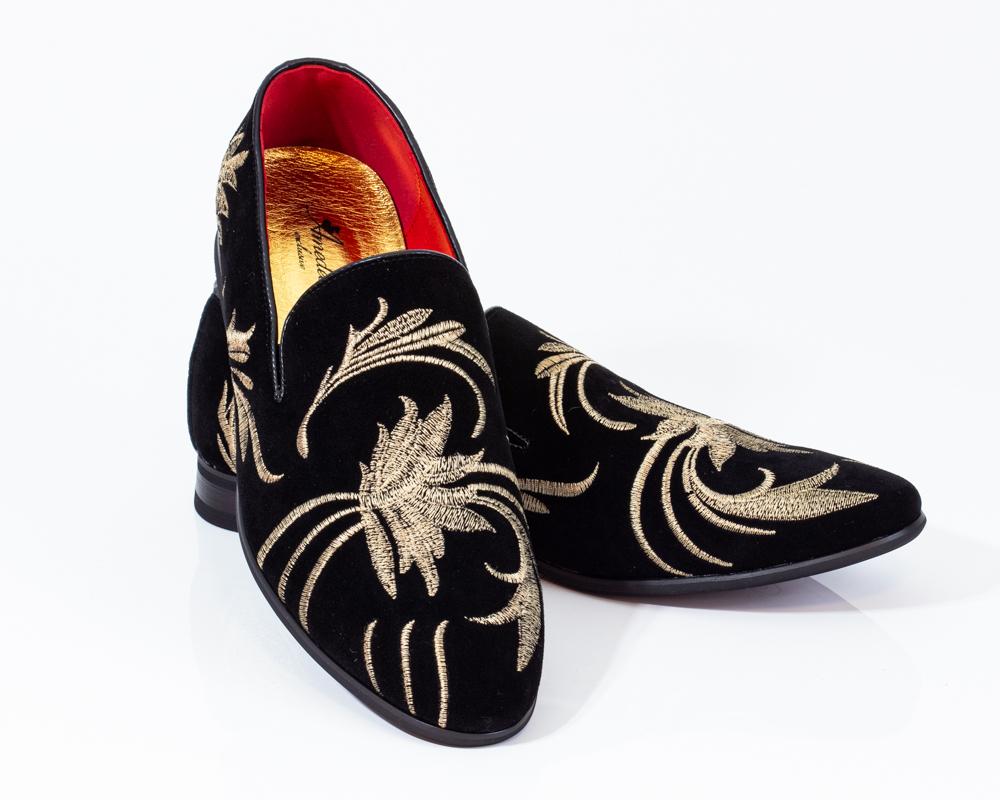 Black Suede Gold Embroidery Fleur-De-Lys Mens Loafers Flats Thick Sole  Dress Shoes