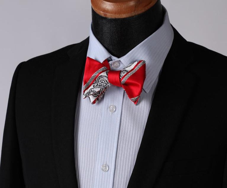 Red White Paisley Mens Silk Self tie Bow Tie with Pocket Squares Set