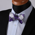 Purple Grey Check Mens Silk Self tie Bow Tie with Pocket Squares Set - Amedeo Exclusive
