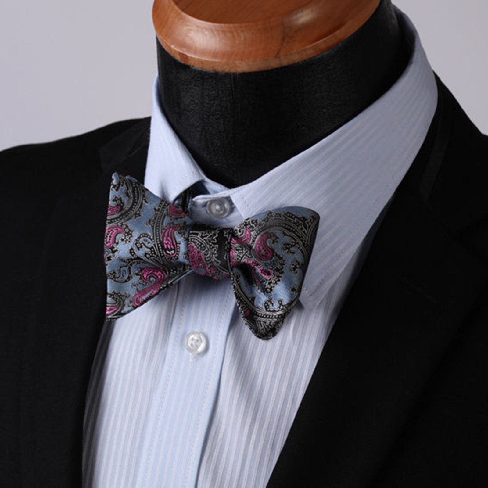Blue & Pink Paisley Mens Silk Self tie Bow Tie with Pocket Squares Set - Amedeo Exclusive