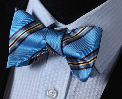 Men's Silk Blue Yellow Stripe Self  Bow Tie Pocket Handkerchief - Amedeo Exclusive