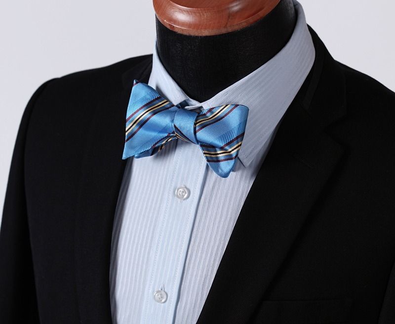 Men's Silk Blue Yellow Stripe Self  Bow Tie Pocket Handkerchief - Amedeo Exclusive