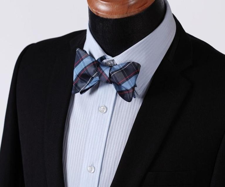 Blue Red Check Mens Silk Self tie Bow Tie with Pocket Squares Set
