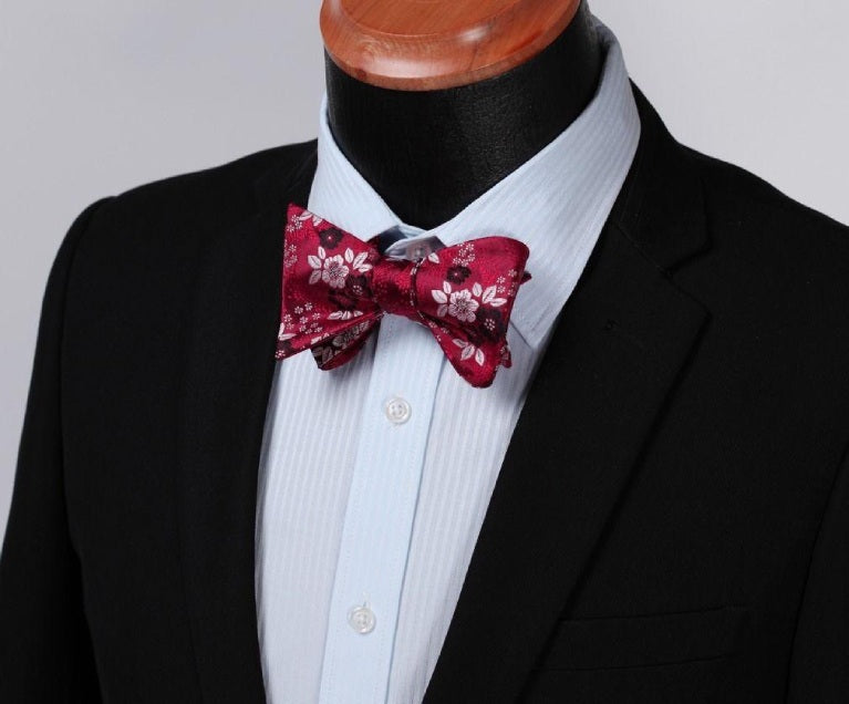 Red Silver Floral Check Mens Silk Self tie Bow Tie with Pocket Squares Set