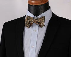 Men's Silk Gold Paisley Floral Self  Bow Tie Pocket Handkerchief - Amedeo Exclusive