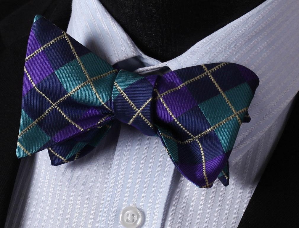 Men's Silk Aqua Purple Check Self Bow Tie Handkerchief - Amedeo Exclusive