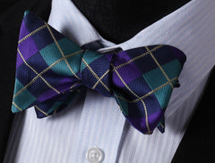 Men's Silk Aqua Purple Check Self Bow Tie Handkerchief - Amedeo Exclusive