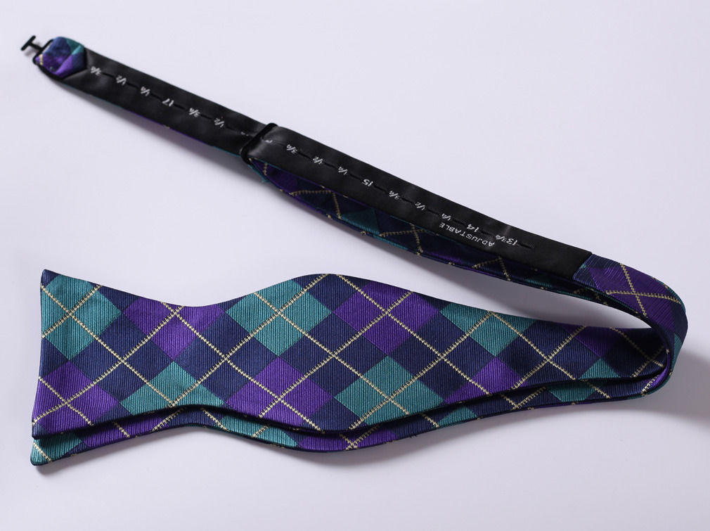 Men's Silk Aqua Purple Check Self Bow Tie Handkerchief - Amedeo Exclusive