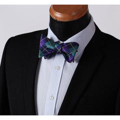 Men's Silk Aqua Purple Check Self Bow Tie Handkerchief - Amedeo Exclusive