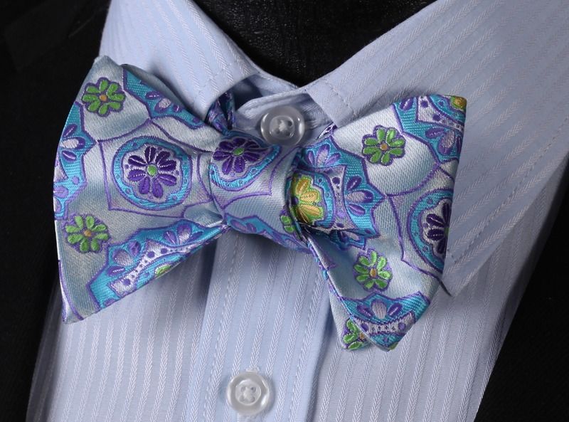Men's Blue and Yellow Floral Silk Self Tie Bow Tie with Pocket Handkerchief - Amedeo Exclusive