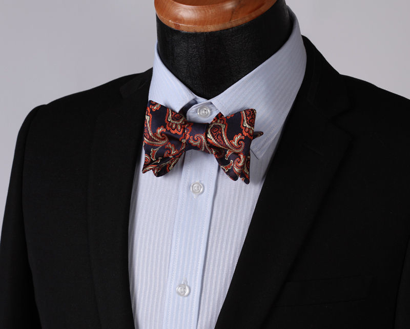 Black & Orange Paisley Mens Silk Self tie Bow Tie with Pocket Squares Set - Amedeo Exclusive