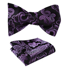 Men's Silk Purple Black Paisley Self Bow Tie & Pocket Handkerchief - Amedeo Exclusive