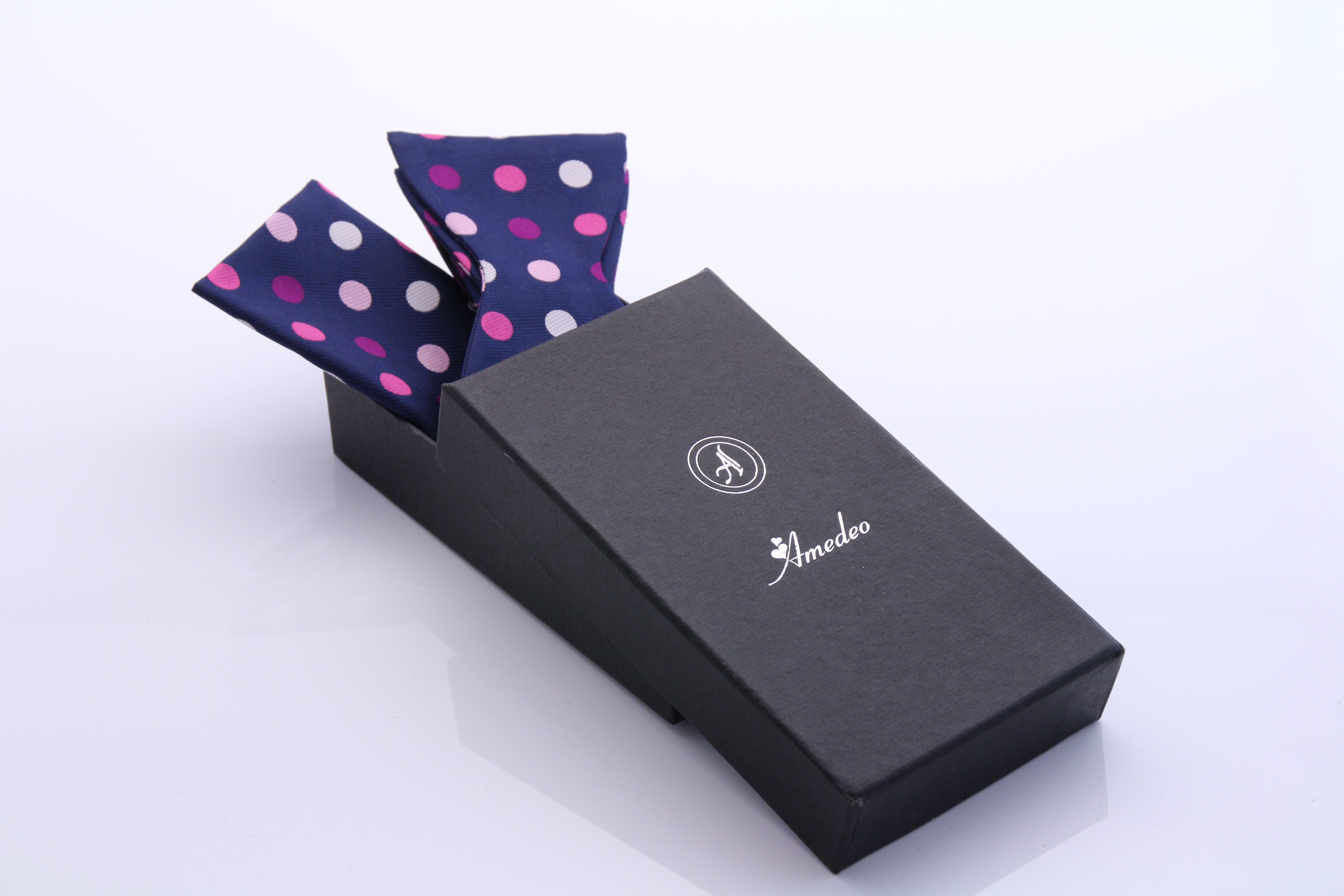 Men's Silk Pink Navy Blue Polka Dot Self Bow Tie Matching Handkerchief - Amedeo Exclusive