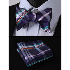 Men's Purple Aqua Orange Check Bow Tie & Pocket Handkerchief - Identical 97 - Amedeo Exclusive