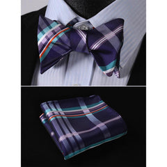 Men's Purple Aqua Orange Check Bow Tie & Pocket Handkerchief - Identical 25 - Amedeo Exclusive