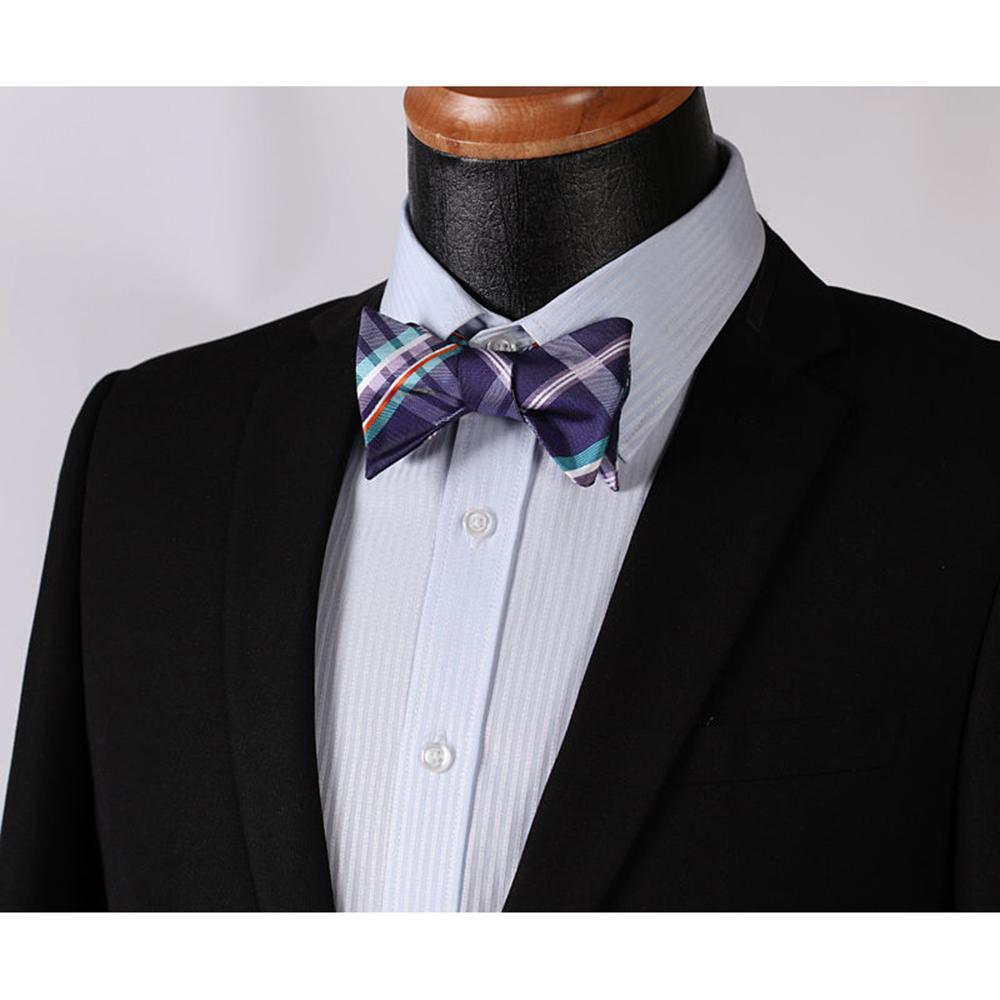 Men's Purple Aqua Orange Check Bow Tie & Pocket Handkerchief - Identical 61 - Amedeo Exclusive