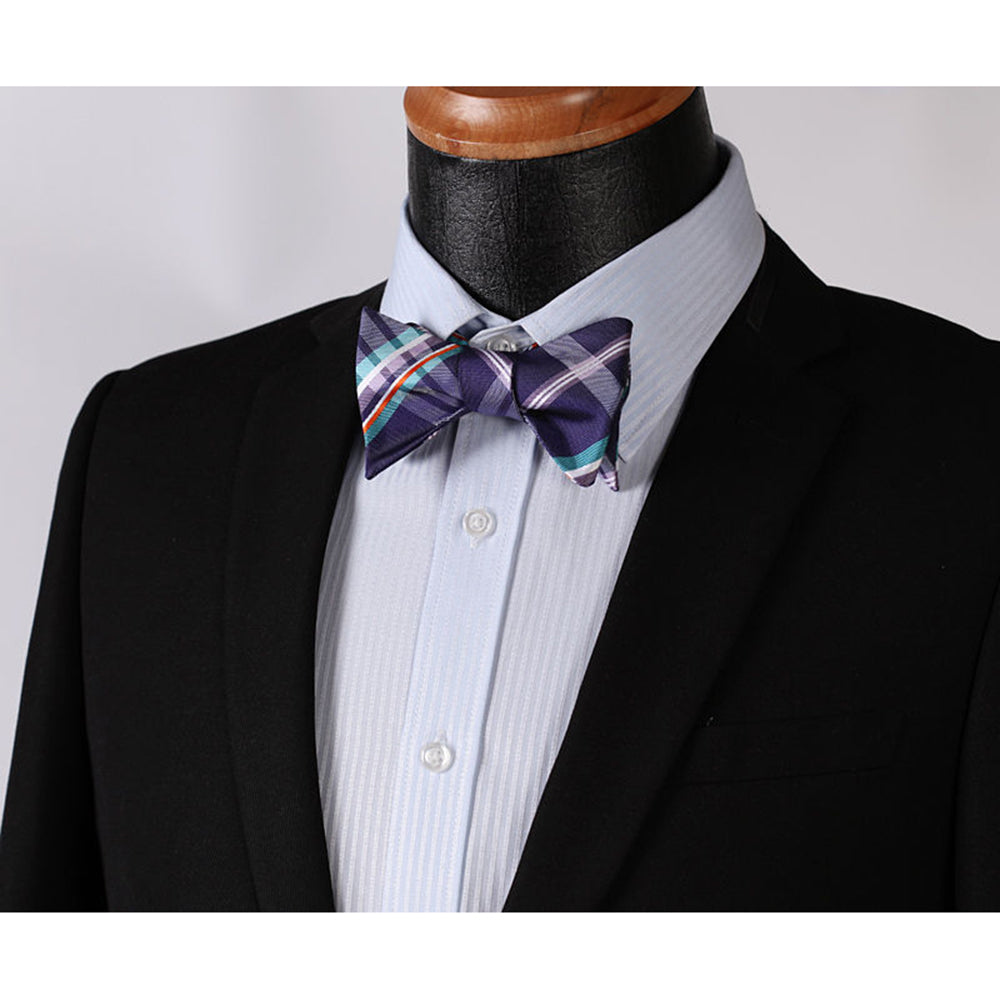 Men's Purple Aqua Orange Check Bow Tie & Pocket Handkerchief - Identical 21 - Amedeo Exclusive
